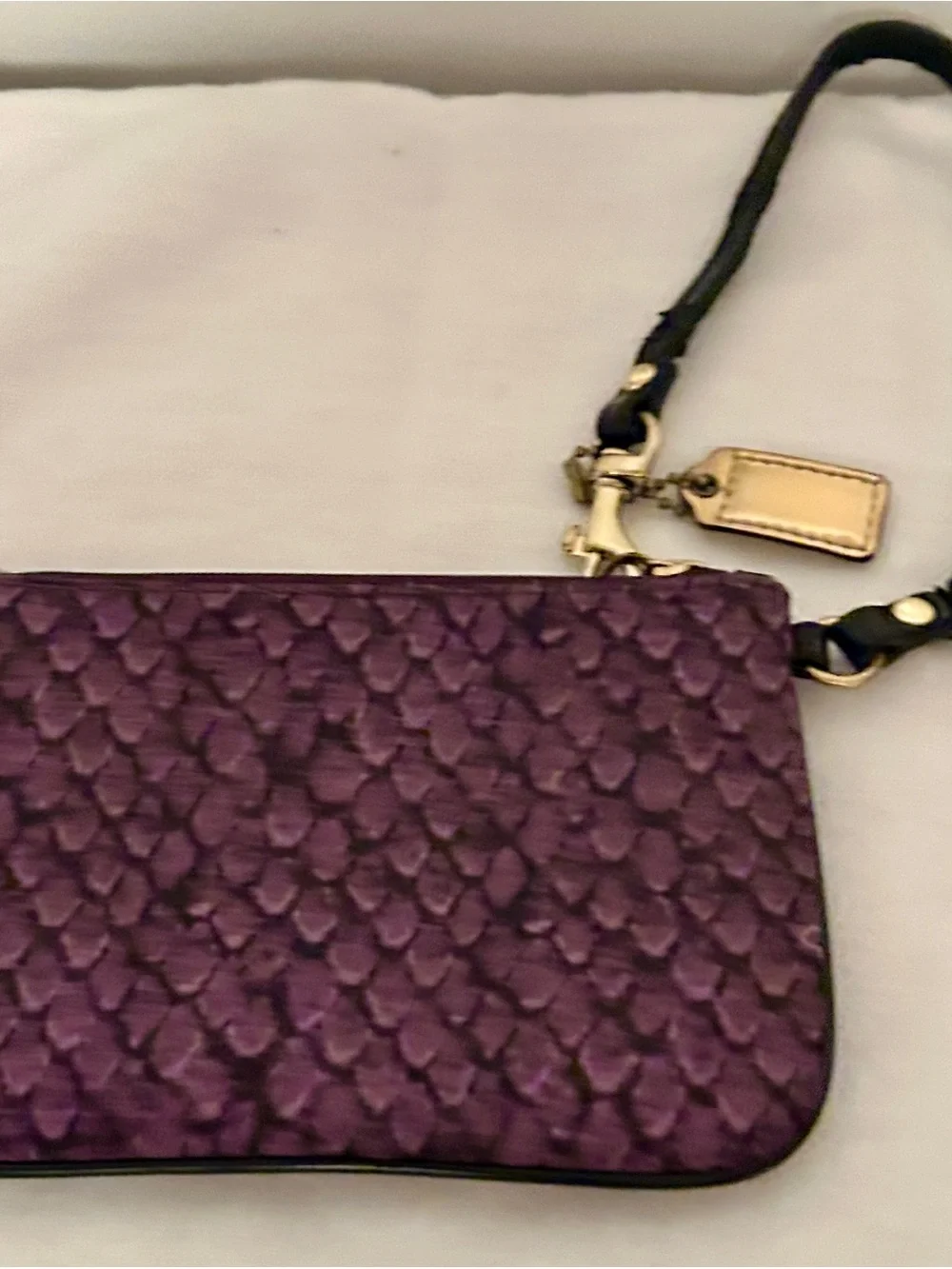 Coach Taylor Snake Print Satin Wristlet in purple and black